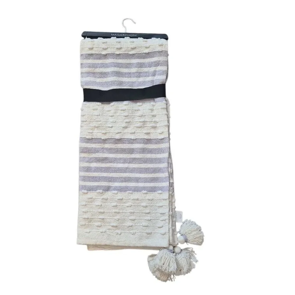 Magaschoni Boho Tufted Striped Throw Blanket 50x60 Lavender Cream Tassels NEW
